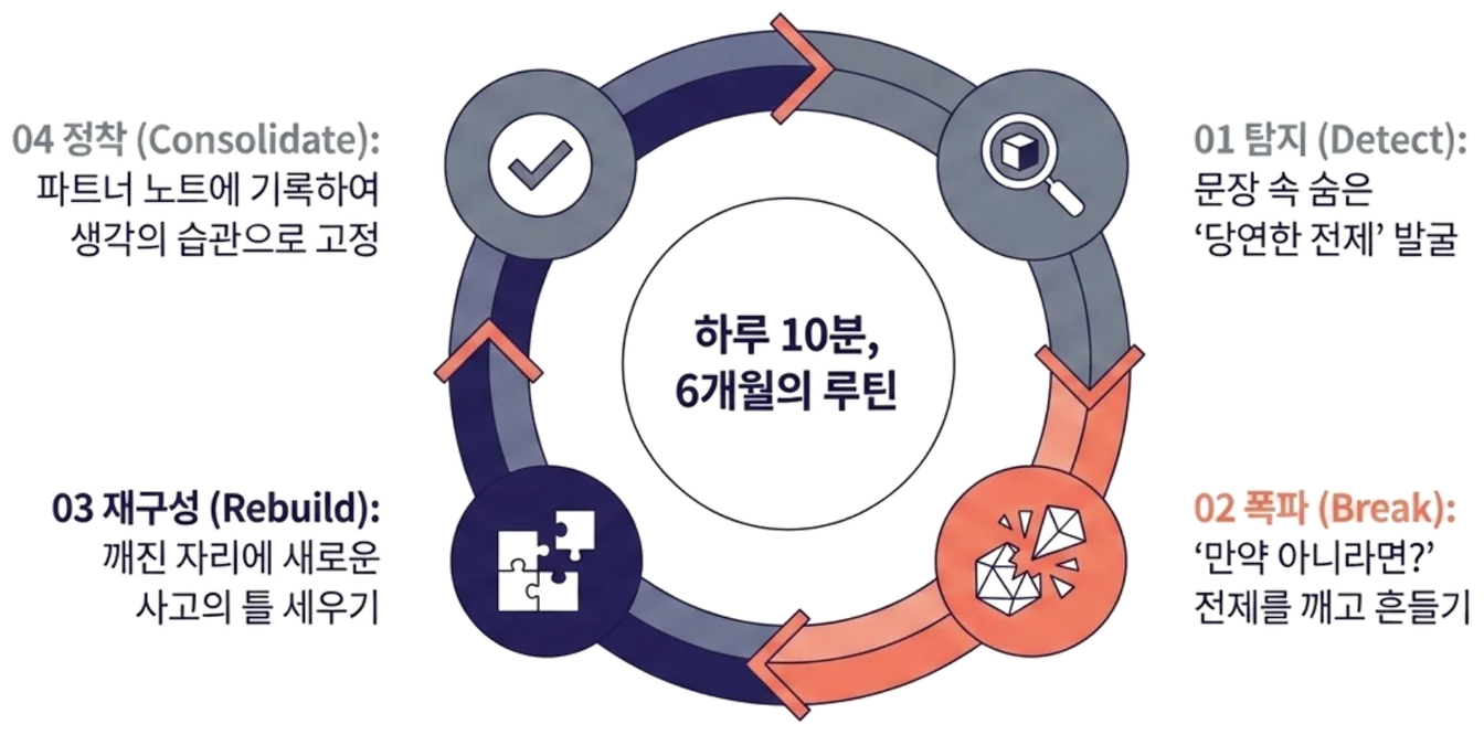PBS 4단계 사고 훈련 엔진 — 01 탐지(Detect), 02 폭파(Break), 03 재구성(Rebuild), 04 정착(Consolidate)를 하루 10분, 6개월 루틴으로 도는 원형 다이어그램