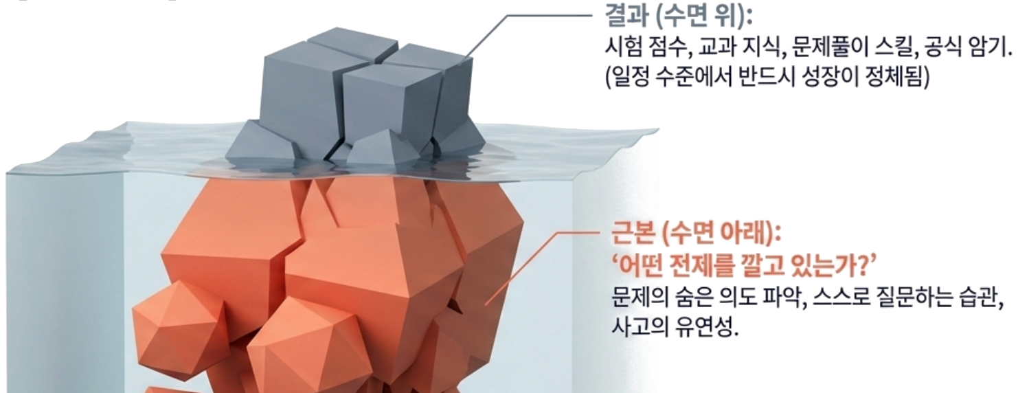수면 위에는 시험 점수·교과 지식 같은 눈에 보이는 결과가, 수면 아래에는 어떤 전제를 깔고 있는가라는 진짜 원인이 있다는 것을 보여주는 빙산 다이어그램