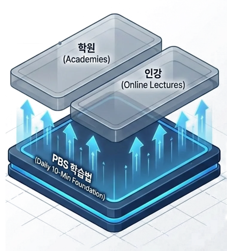 학원·인강은 교과 지식을 채우는 응용 레이어, PBS 학습법은 그 지식을 흡수하는 사고 습관의 기반 레이어라는 것을 보여주는 3단 스택 다이어그램